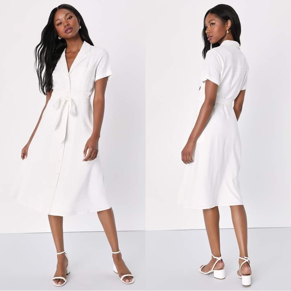 NWOT Lulus Sweet Sincerity White Linen Button-Up Midi Dress With Pockets